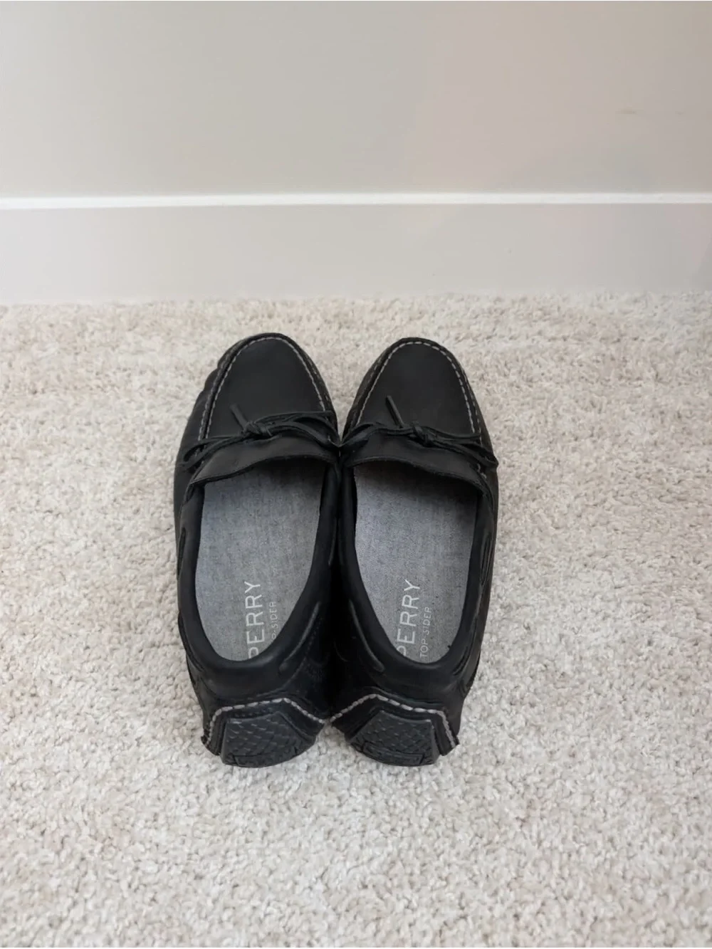 Sperry Black Leather Boat Shoes with Lace Detail